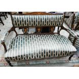 Edwardian rosewood inlaid salon settee and matching armchair, green striped upholstery (2) a/f