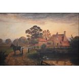 An Edwardian oil on canvas of a rural scene with figures and horse, indistinctly signed, 40 x 59 cm