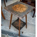 A Liberty style pokerwork two tier occasional table a/f, 41 cm x 41 cm x 67 cm h