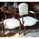 A French stained beech fauteuil armchair in the Louis XV style with cream foliate upholstery to/w