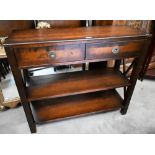 A Laura Ashley Balmoral range console table with two drawers over two open shelves, dark chestnut