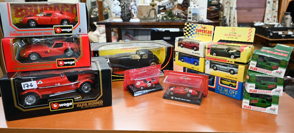 Three boxed Burago model racing cars - Alfa Romeo 8c 2300 Monza (1931), Ferrari 250 GTO (1962) and