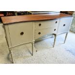 A serpentine front part painted pale green mahogany top sideboard, raised on six turned legs, 168 cm