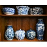 Two Chinese blue and white globular jars and covers, 24 cm high overall, to/w two vases, two troughs