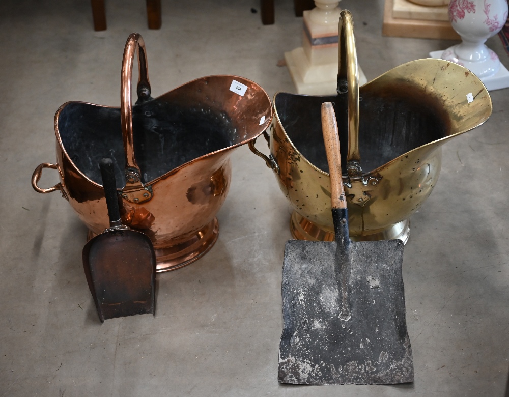 Two antique helmet scuttles (one copper, one brass) and two shovels (4) - Image 2 of 2