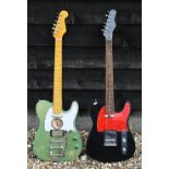 Two Telecaster style electric custom guitars, one black, one green (2)