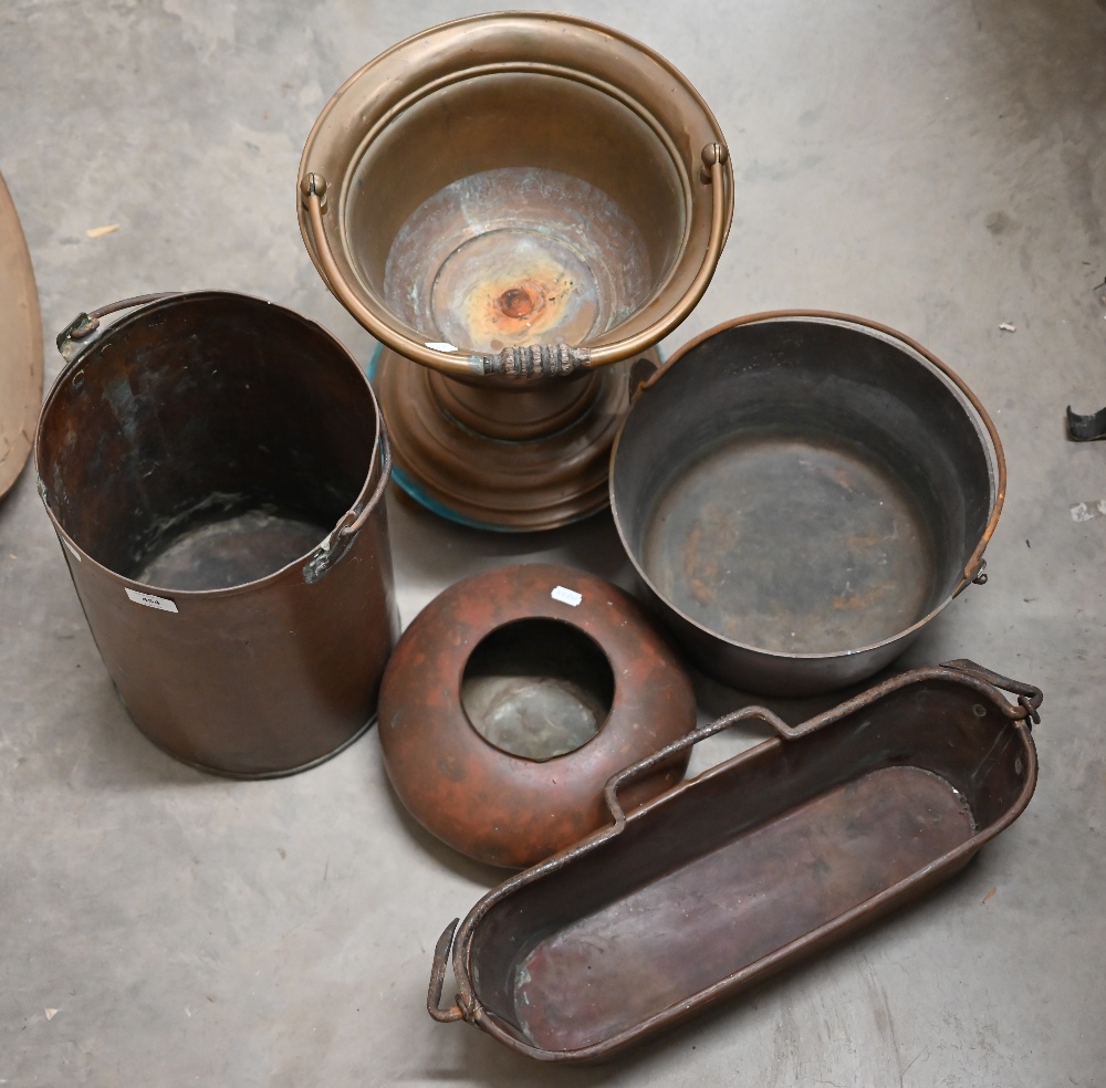 Antique copper and brassware including coal bucket, oval window planter, jardiniere, preserve pan - Image 2 of 2