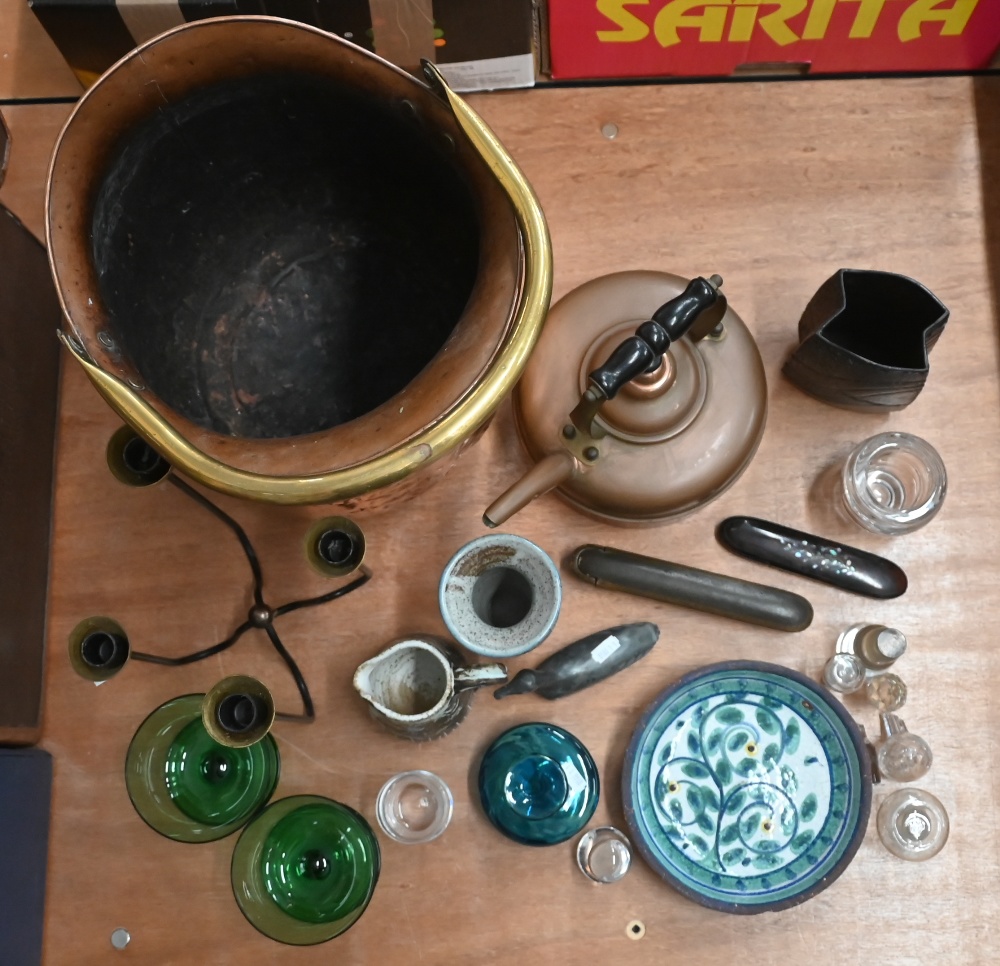 A copper coal scuttle and kettle, various pottery and glass etc (box) - Image 2 of 2