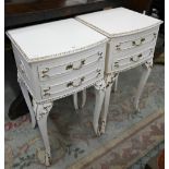 A pair of Louis XV style white painted bedside tables, 38 cm wide x 35 cm deep x 68 cm high