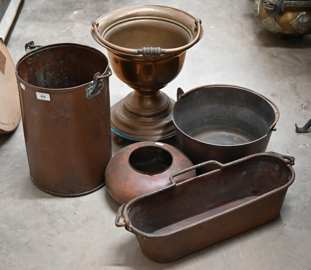 Antique copper and brassware including coal bucket, oval window planter, jardiniere, preserve pan