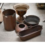 Antique copper and brassware including coal bucket, oval window planter, jardiniere, preserve pan
