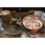 A 19th century painted tin string-box, to/w a copper egg poacher, an antique revolving disc
