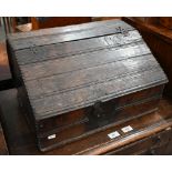 A 17th/18th century oak slope-top Bible box, 48 cm wide, to/w a small pine trunk (2)