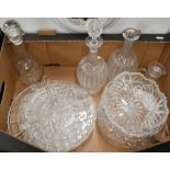 Three glass decanters, two bowls, a cheese dish and other glass (box)