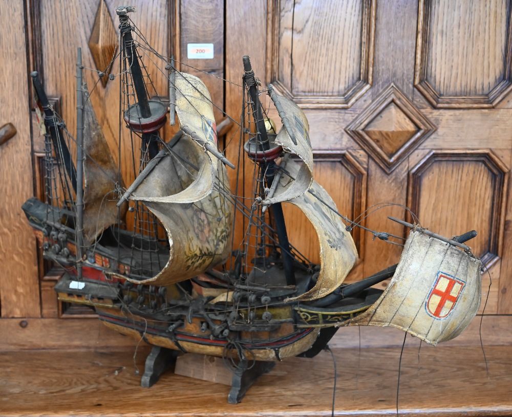 A painted wooden model ship - Sir Francis Drake's discovery ship 'The Golden Hind', 58 cm high - Image 2 of 2