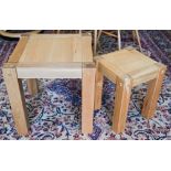 A modern light oak square lamp table, 55 x 55 x 55 cm high to/w smaller matching example, 38 x 38