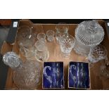 Various cut and moulded glassware, including biscuit barrel, decanter, beer mugs, etc (box)