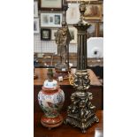 A gilt metal column table lamp cast with cherubs to/w a Japanese Kutani style lamp, 33 cm h (2)