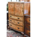 A walnut crossbanded bowfront cabinet with two doors over three long drawers, on short cabriole