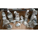 Three Lladro figures of country girls, a cow and four bird ornaments, to/w four Nao figures (12) (