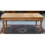 Stained pine kitchen dining table on turned supports, 182 cm wide x 90 cm deep x 78 cm high