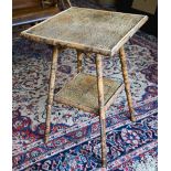 A late Victorian 'tiger bamboo' and grasscloth two-tier occasional table or plant stand, 44 x 44 x