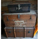 A vintage pine metal bound trunk inscribed 'JW Paine' followed by full address, 95 cm w x 47 cm d