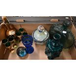 Five pieces of coloured studio glass, to/w a Venetian green and gilt glass liqueur set with decanter