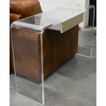 A contemporary perspex/flexiglass console table with cream painted centre drawer, 120 cm wide x 35