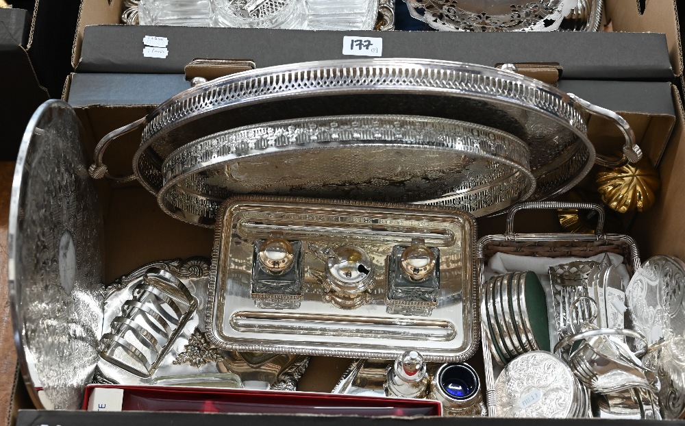 Two boxes of silver-plated table wares