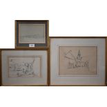 Three 19th century pencil drawings of views - Bideford, Cymwyd and building courtyard etc, 12 x 17