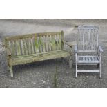 A weathered slatted teak garden bench to/w teak adjustable armchair, 160 cm high (2)
