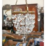 A pair of vintage brass ceiling lightshades with facetted glass drops (2)