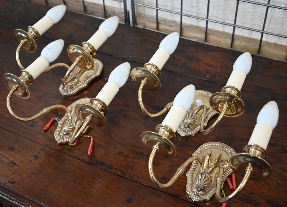 Four brass twin-branch wall sconces with beaded wall plates - Image 2 of 2