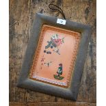 An antique rectangular terracotta tile or wall plaque, hand painted with floral sprays, mayflies and