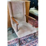 A Victorian mahogany framed open library armchair, mauve dralon upholstery