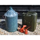 A vintage metal twin-handled fuel can, Bellino military fuel can dated 1996, vintage oil jug and oil