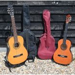 A Valencia Spanish guitar and another classical guitar, with cases and a folding stand