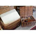A vintage wicker hamper containing a 19th century caddy, a soapstone figure of Guanyin and various