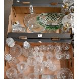 A quantity of cut and other drinking glasses, decanters, pair of oil lamps, etc (2 boxes)