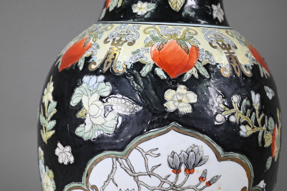 A late 19th or early 20th century Chinese famille noire style baluster vase (drilled and mounted - Image 2 of 6