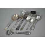 Six various small silver spoons and forks, to/w a napkin ring and an ep bottle-opener; 6.5oz of