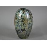 Peter Layton (b 1937) - An iridescent glass ovoid vase with abstract streaked and hatched