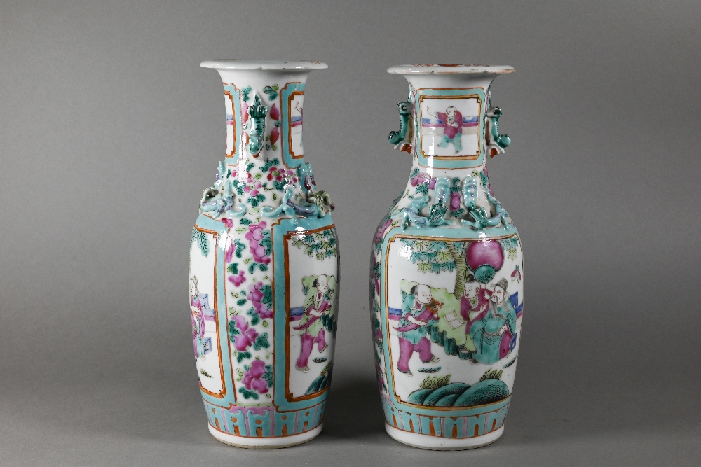 A pair of 19th century Chinese Canton famille rose vases of baluster form with everted foliate rims, - Image 2 of 8