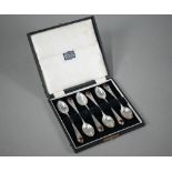 Langstone Silverworks (Bernard Instone): a set of six planished silver teaspoons with enamel boss