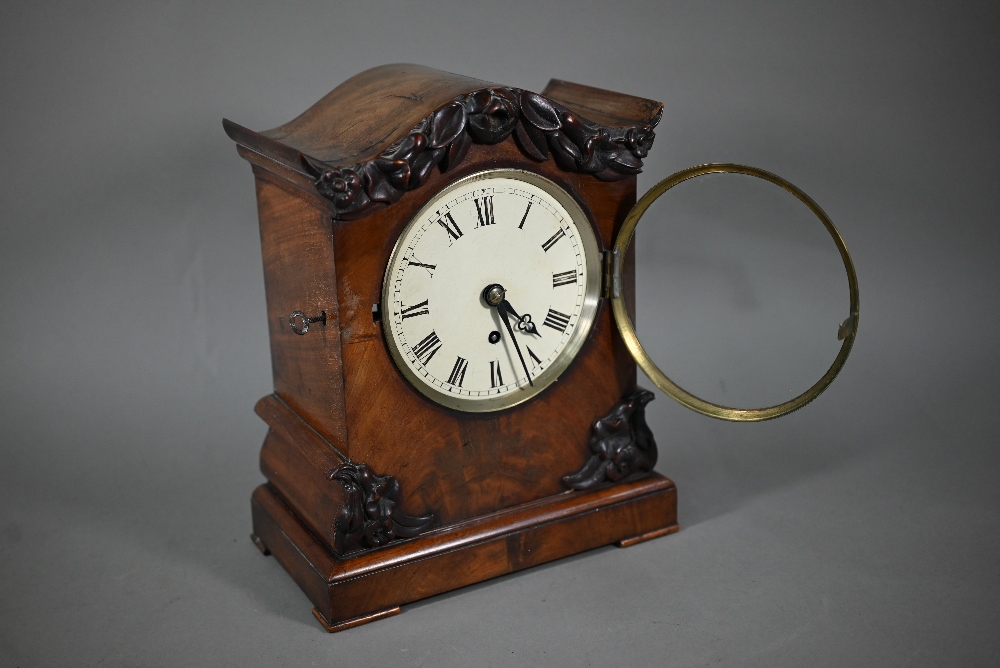 A mid 19th century single fuse mahogany cased English bracket clock, with white enamelled dial and - Image 3 of 6