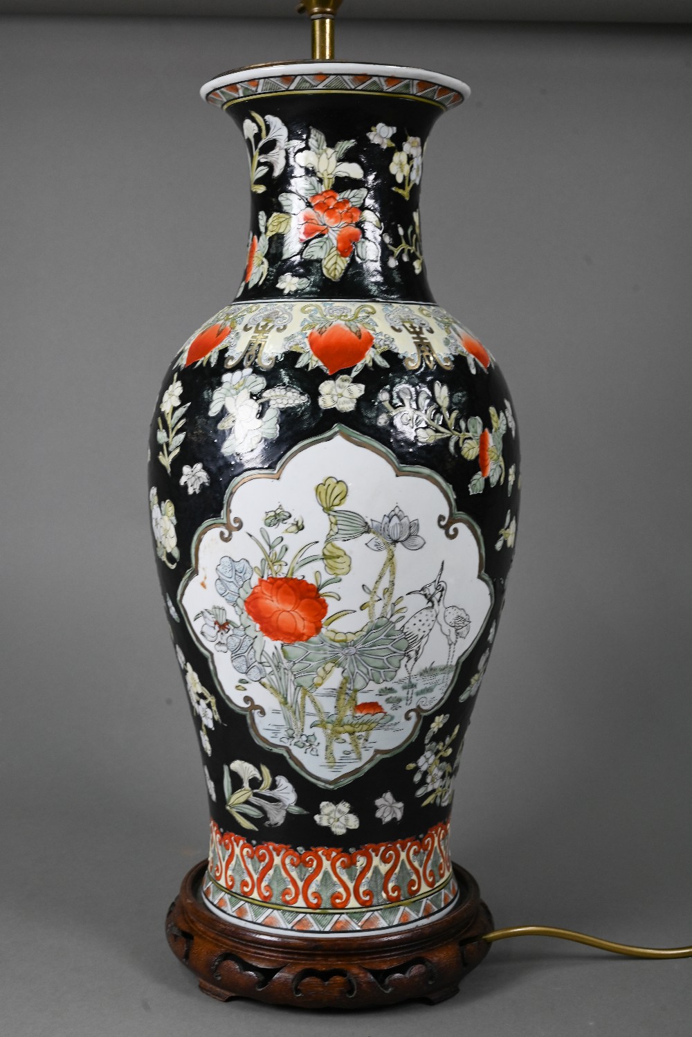 A late 19th or early 20th century Chinese famille noire style baluster vase (drilled and mounted - Image 3 of 6