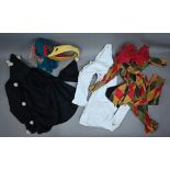 Vintage theatrical/dressing-up costumes including two jester suits with undergarments, ruffs, hats