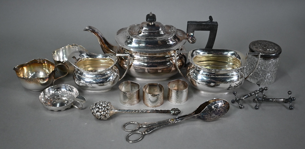 A Welbeck Plate three-piece tea service, to/w a silver-topped toilet jar and a loaded silver vase- - Image 8 of 9