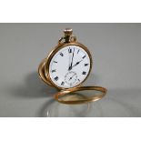 A 9ct gold cased pocket watch, Swiss made, sixteen jewel movement, the white enamelled dial with